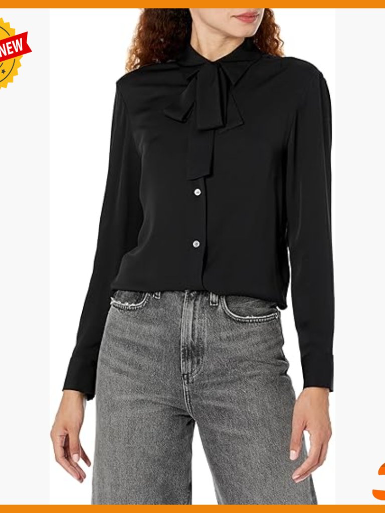 Long Sleeve Boxy Fit Button Down Blouse With Tie Neck